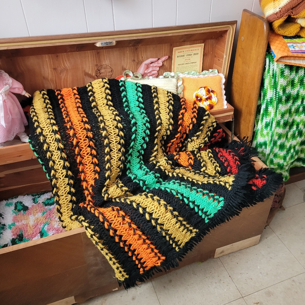 Vintage Striped Crochet Blanket With Fringe
